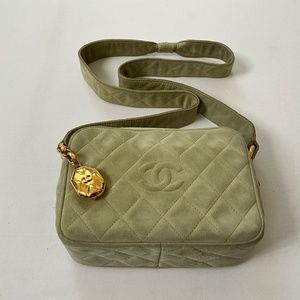 CHANEL Vintage Diamond CC Logo Suede Camera Bag Sage Green